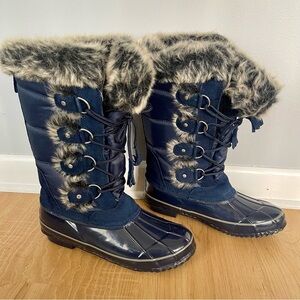 Khombu Bryce Blue Lace Up Faux Fur Waterproof Duck Snow Boots Winter Knee Shoes